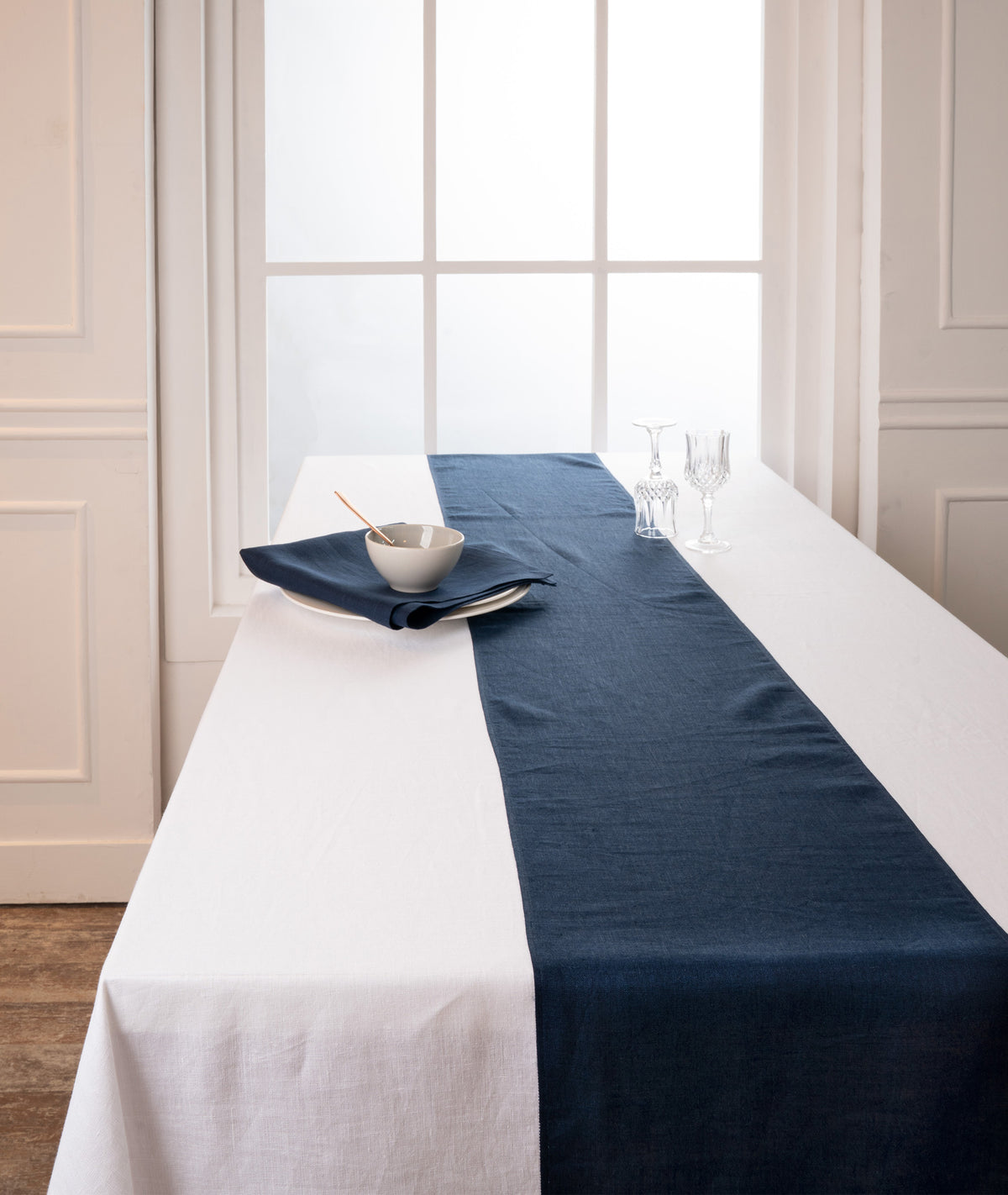 White and Navy Blue Linen Tablecloth - Splicing