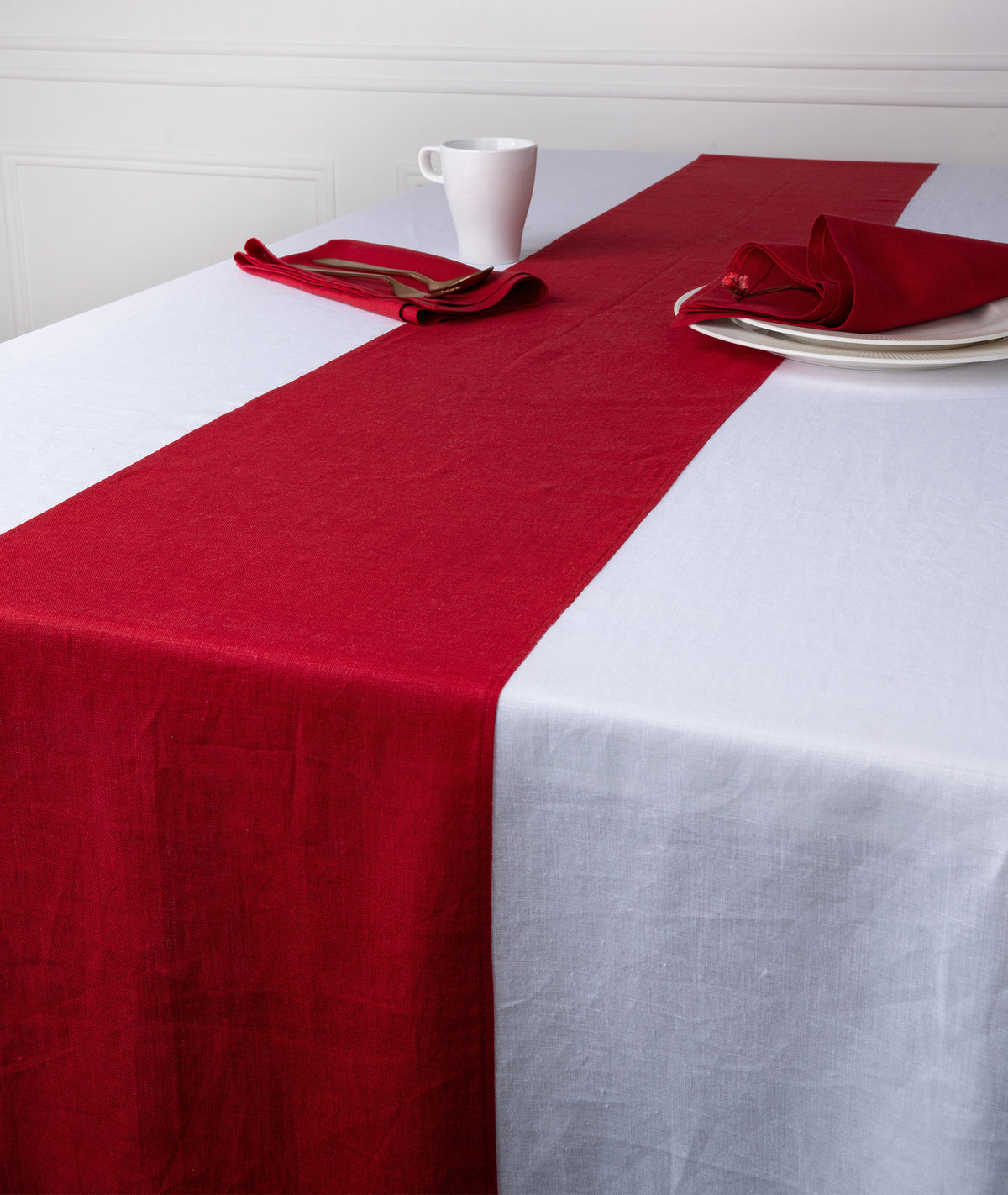 White and Red Linen Tablecloth - Splicing