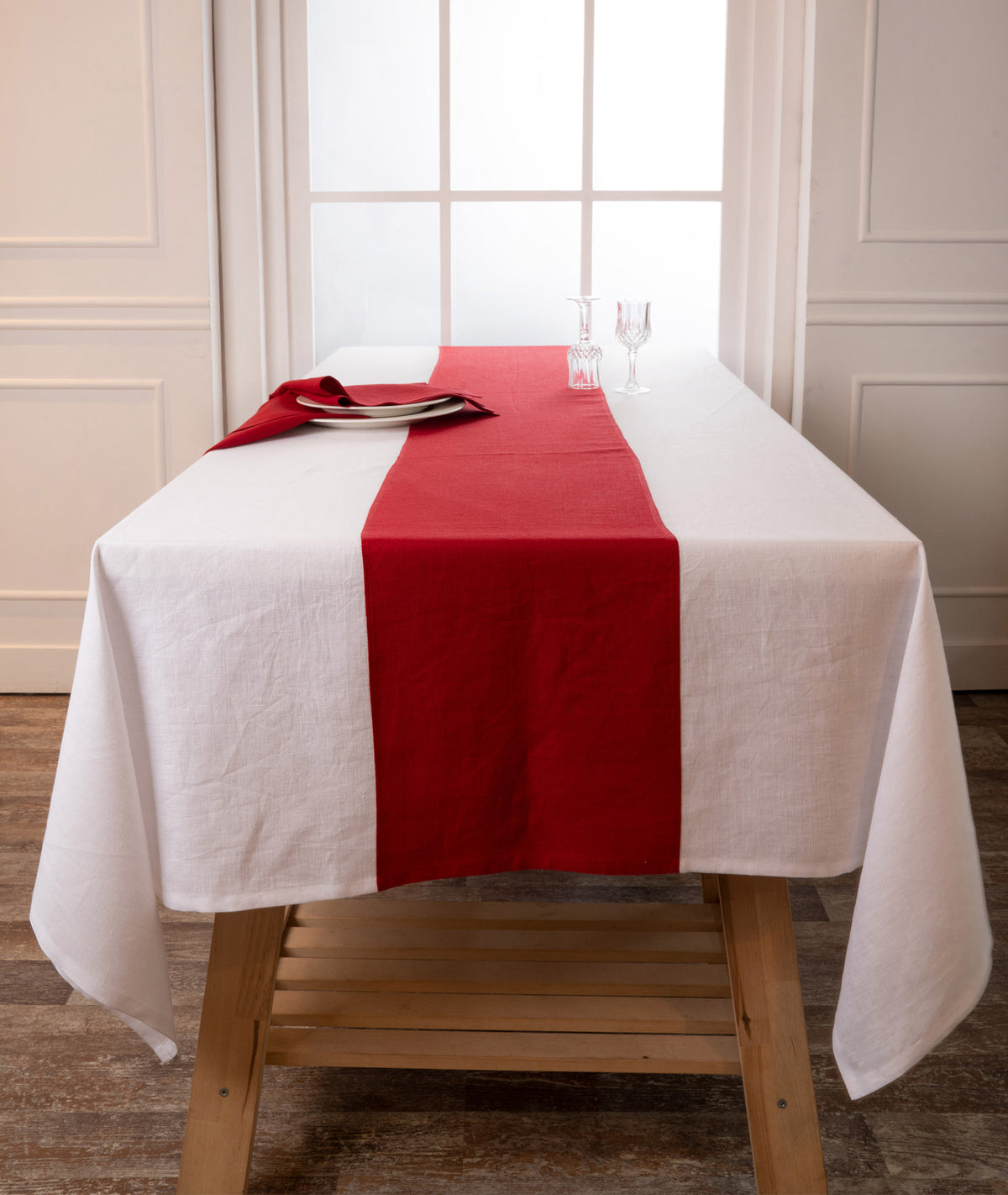 White and Red Linen Tablecloth - Splicing