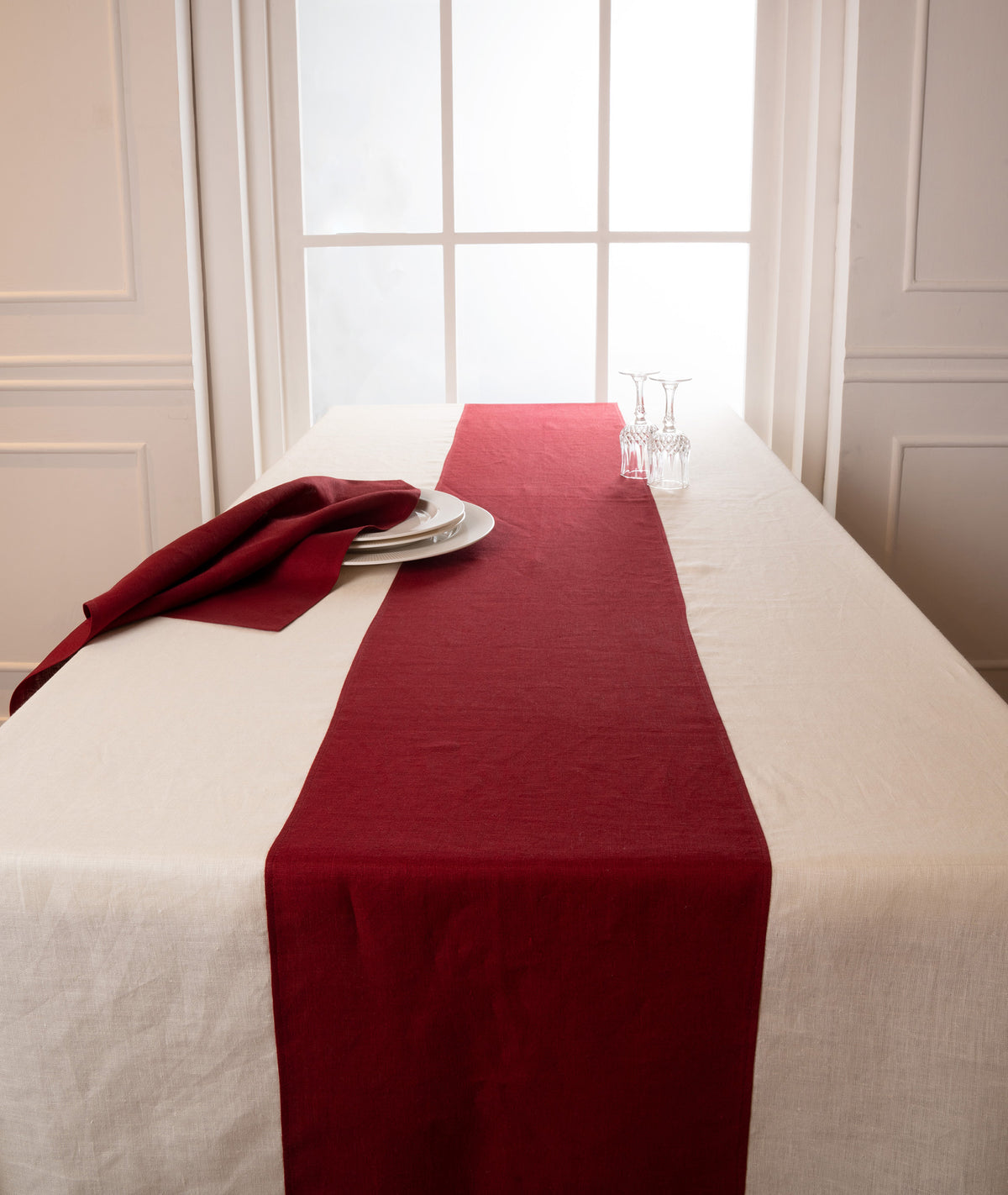 Ivory and Dark Red Linen Tablecloth - Splicing