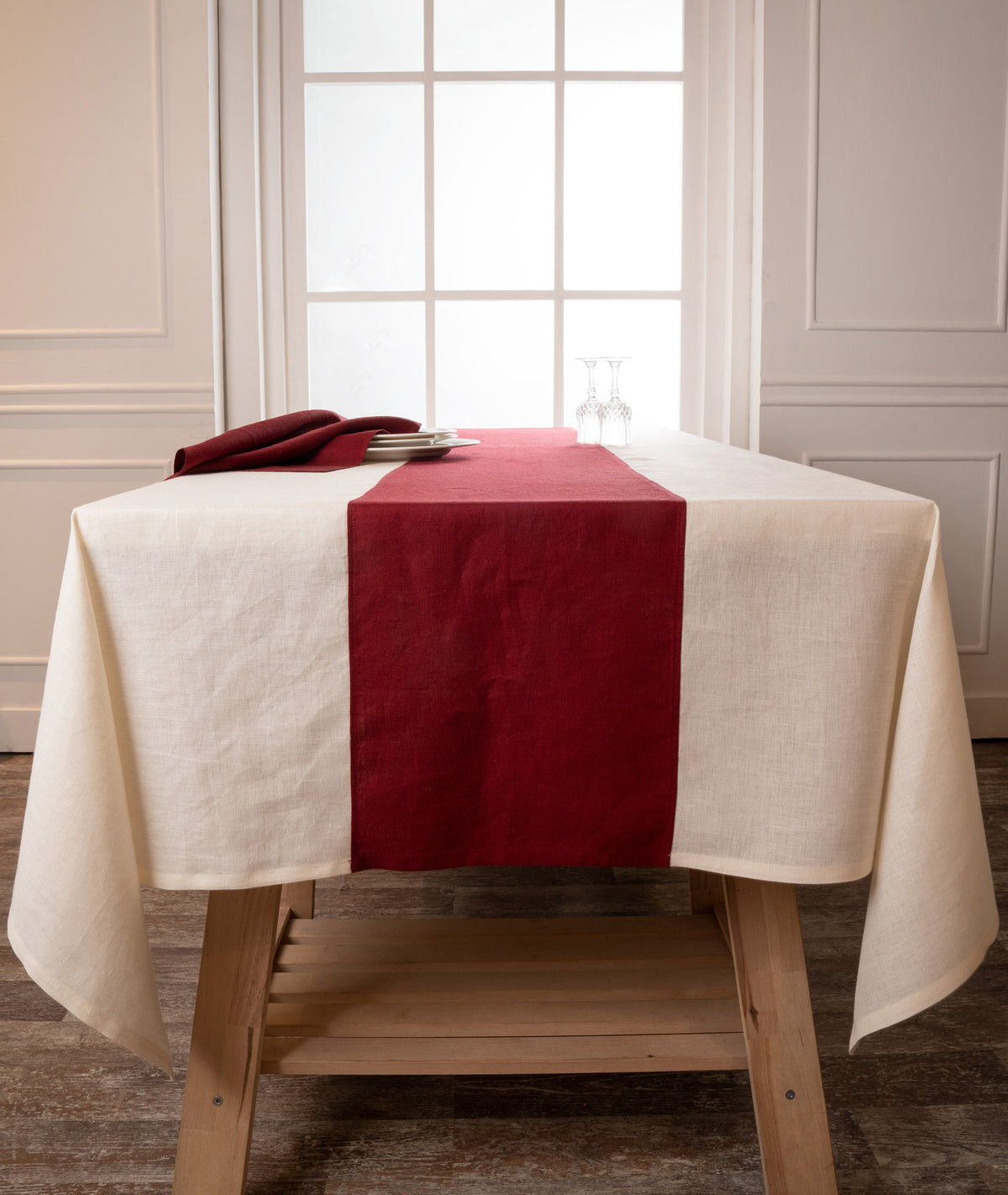 Ivory and Dark Red Linen Tablecloth - Splicing