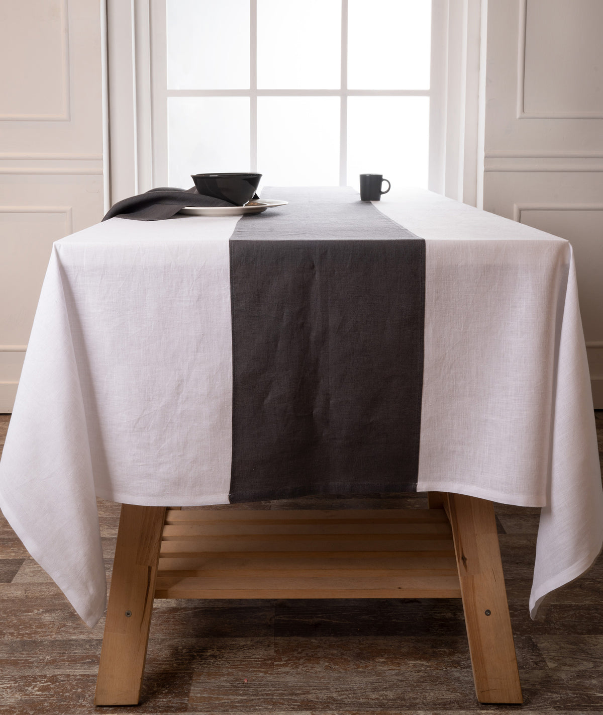 White and Charcoal Grey Linen Tablecloth - Splicing