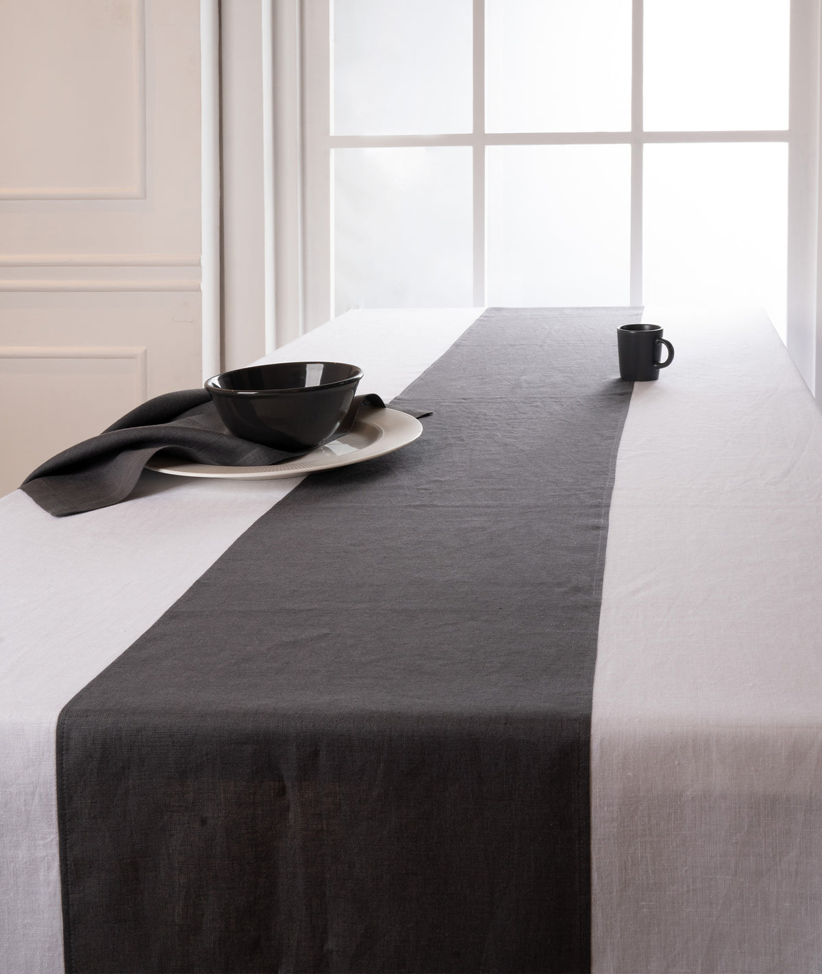 White and Charcoal Grey Linen Tablecloth - Splicing