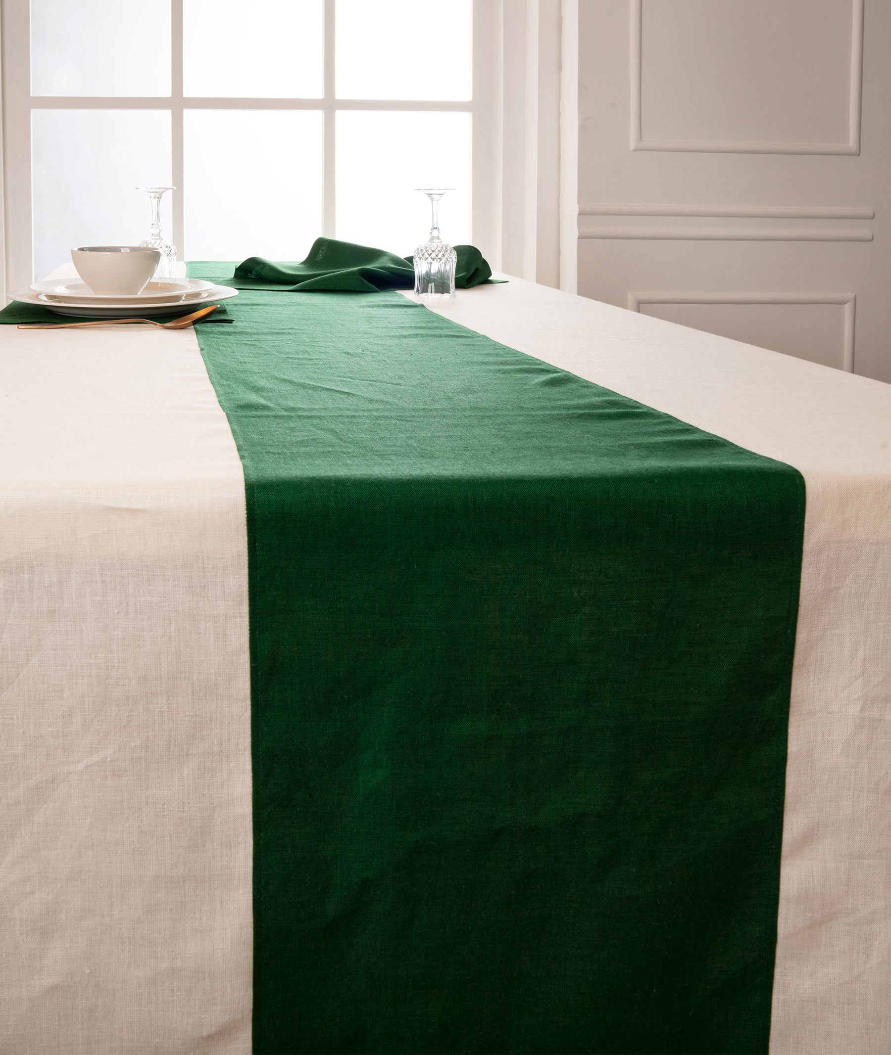 Ivory and Forest Green Linen Tablecloth - Splicing