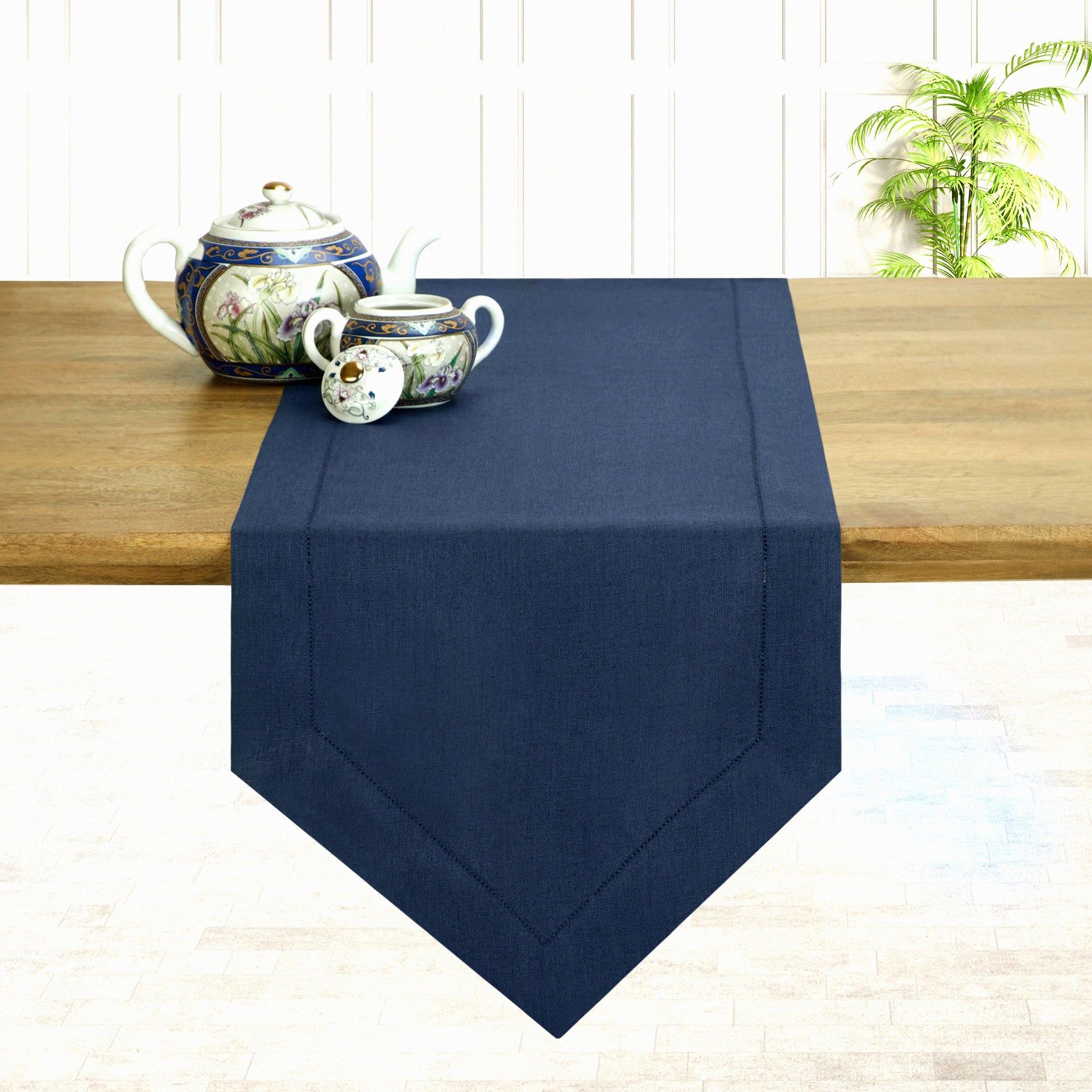 Midnight Navy Blue Linen Table Runner - Diamond