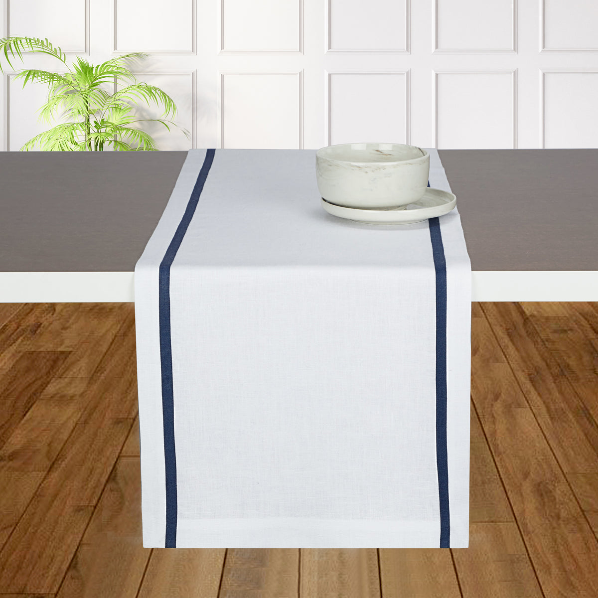 White and Navy Blue Linen Table Runner - Stripe