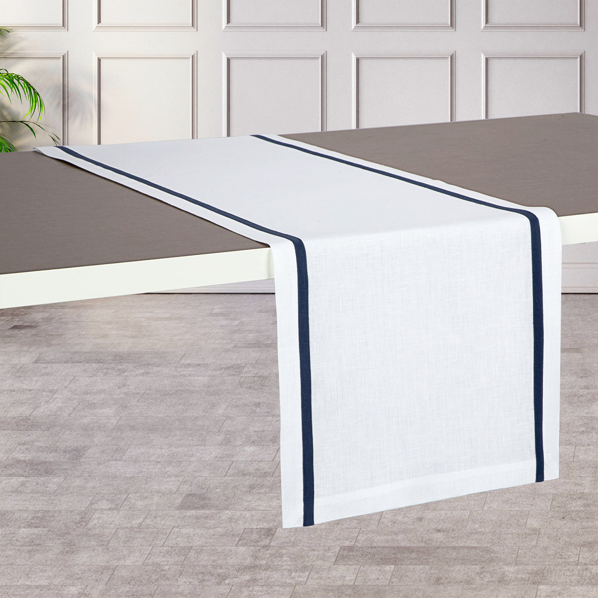 White and Navy Blue Linen Table Runner - Stripe