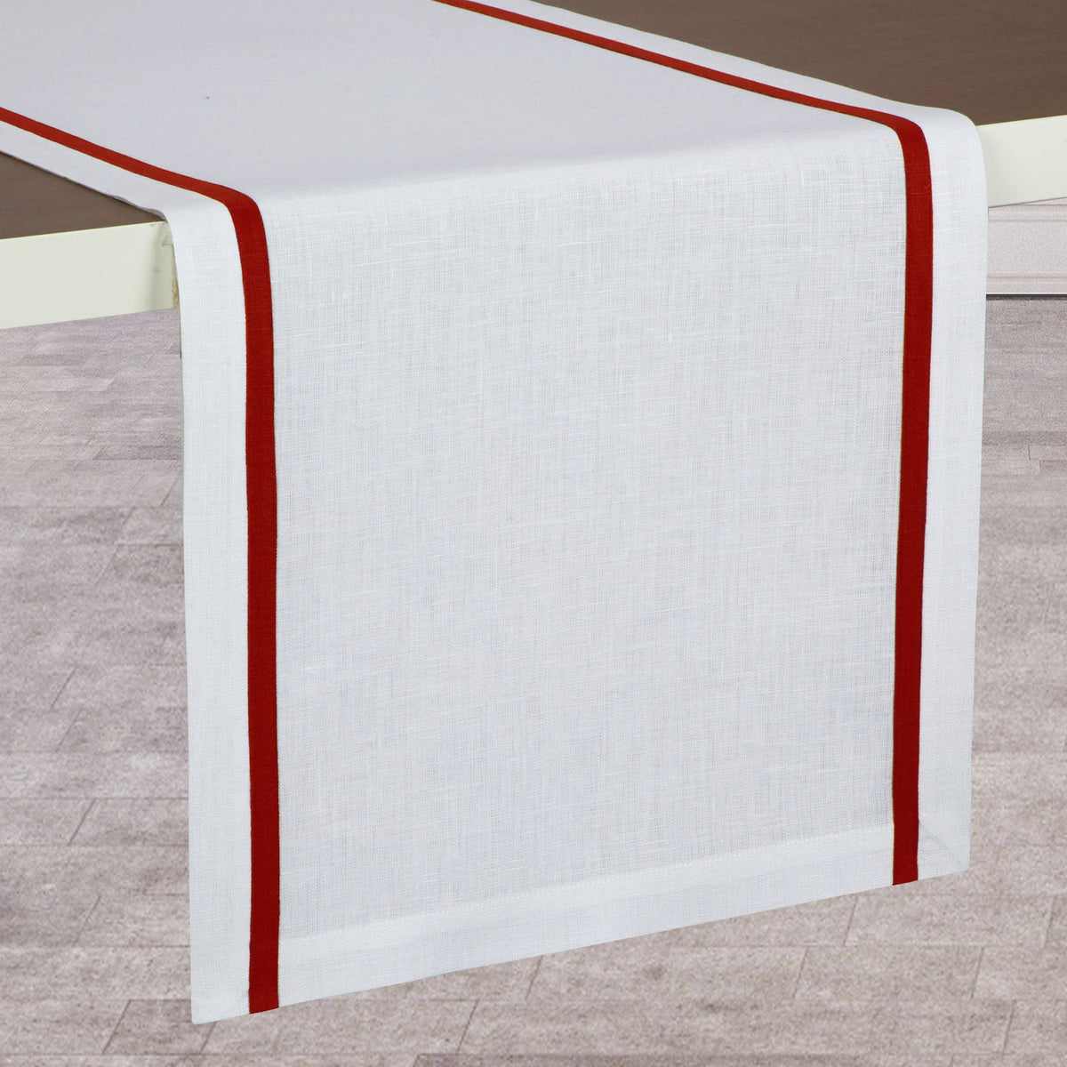 White & Red Linen Table Runner  - Stripe