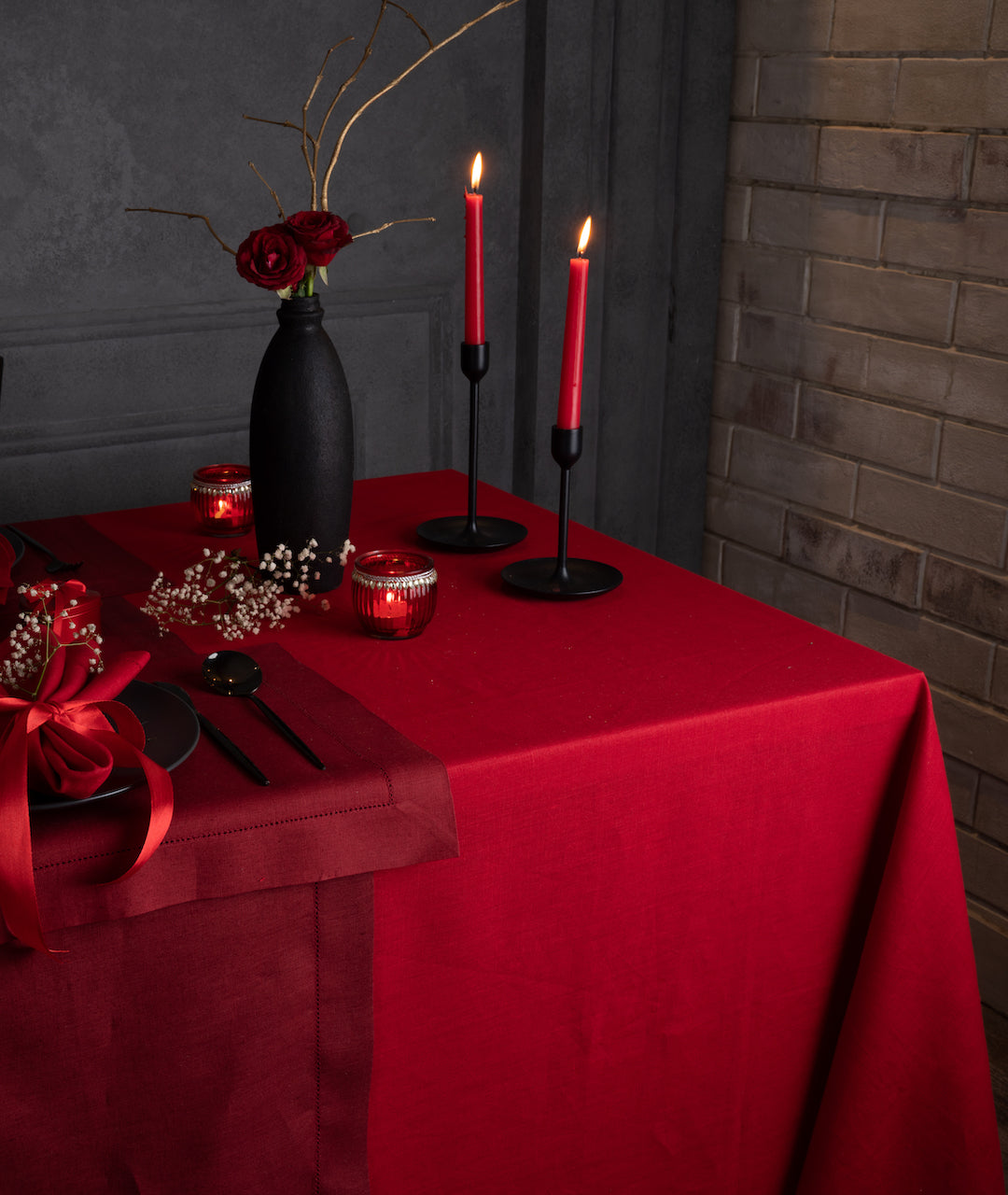Red Linen Tablecloth - Hemstitch