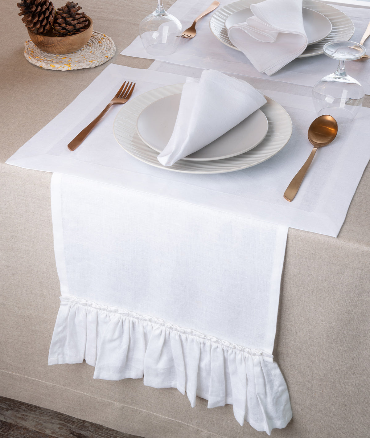 Snowy White Linen Table Runner - Ruffle