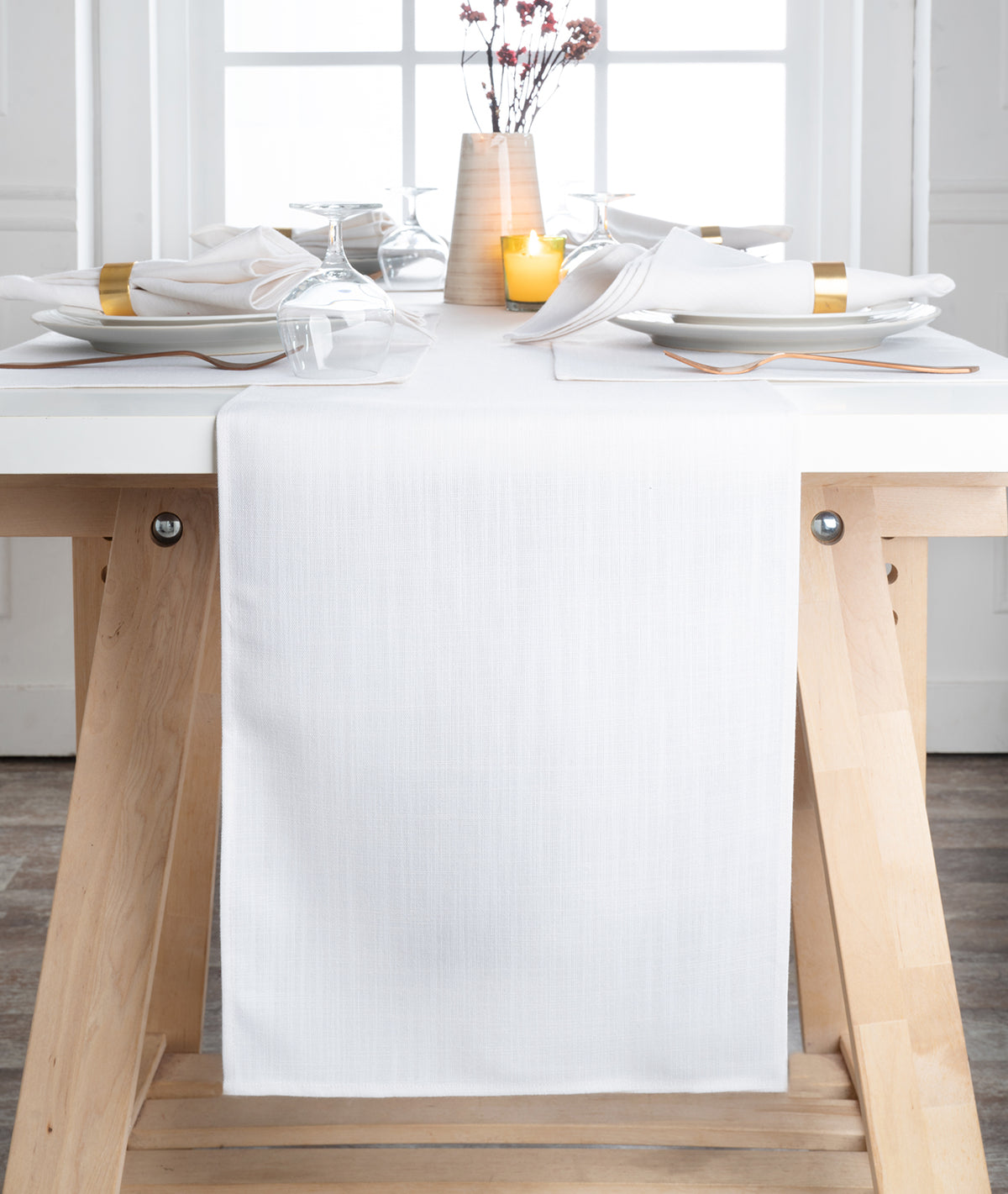Chambray Cream and White Linen Textured Table Runner - Plain