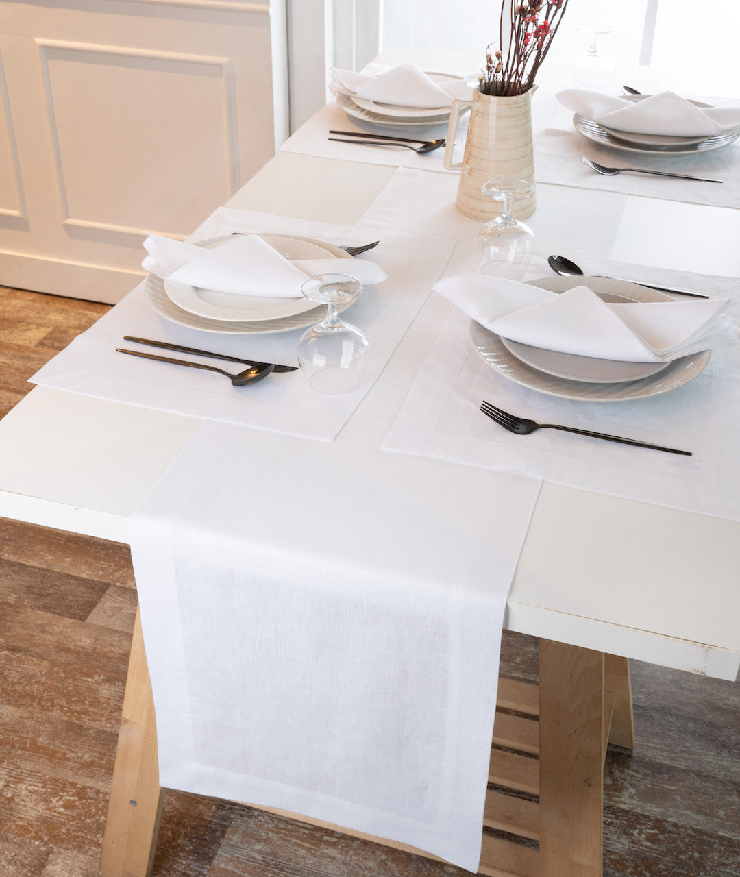 Snowy White Linen Table Runner - Hemmed